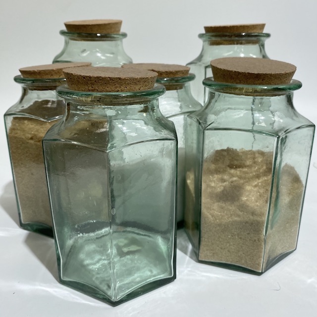 CANNISTER, Hexagonal Green Glass Storage Jar w Cork Stopper